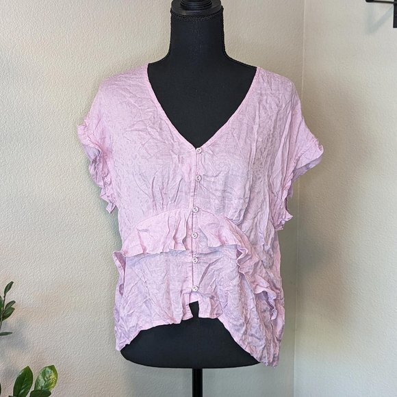 Love Stitch‎ Pink Ruffle Button Front Blouse Women's Size S - Picture 1 of 7